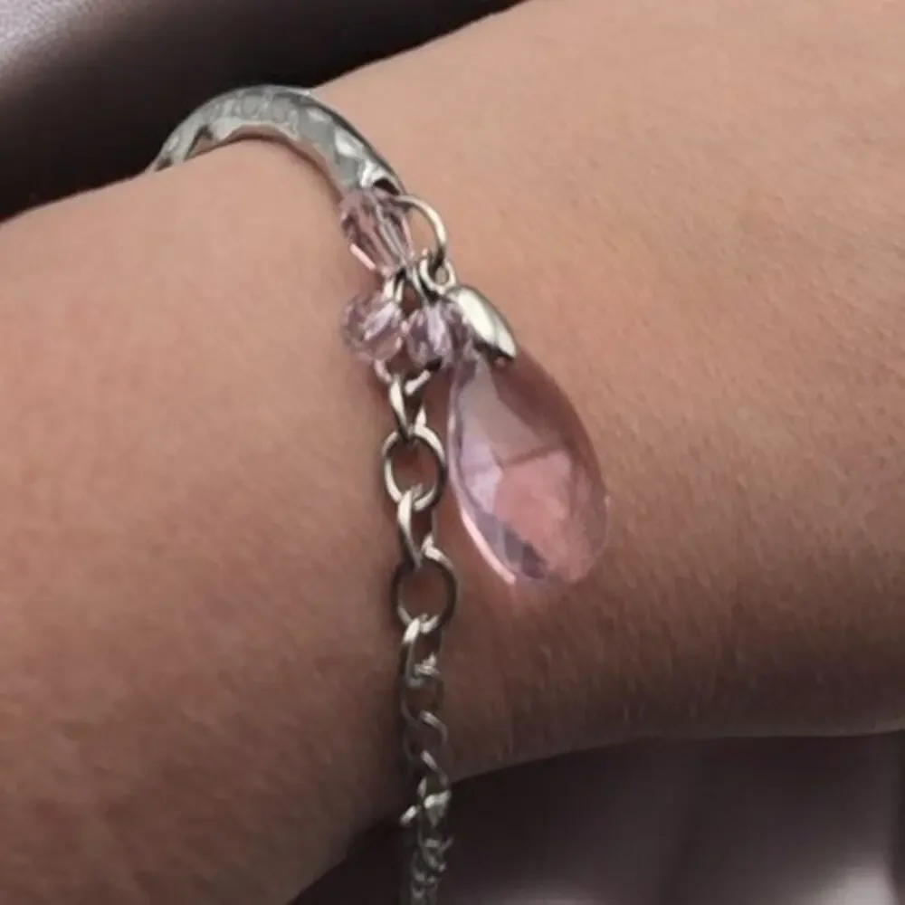 Elegant Hammered Silver Bracelet with Pink Crystal Charms